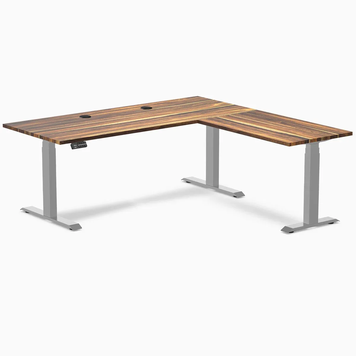 Desky Desky Hardwood L-Shape Sit Stand Desk Pheasantwood Grey 72 x 30 x 70 x 24 in with Grommets — product photo