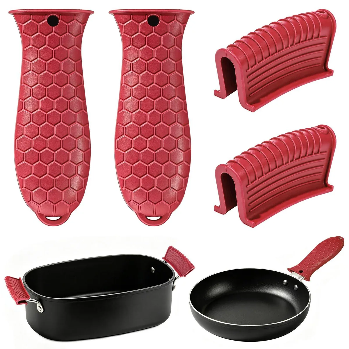 Four red silicone handle covers and sleeves with textured honeycomb pattern