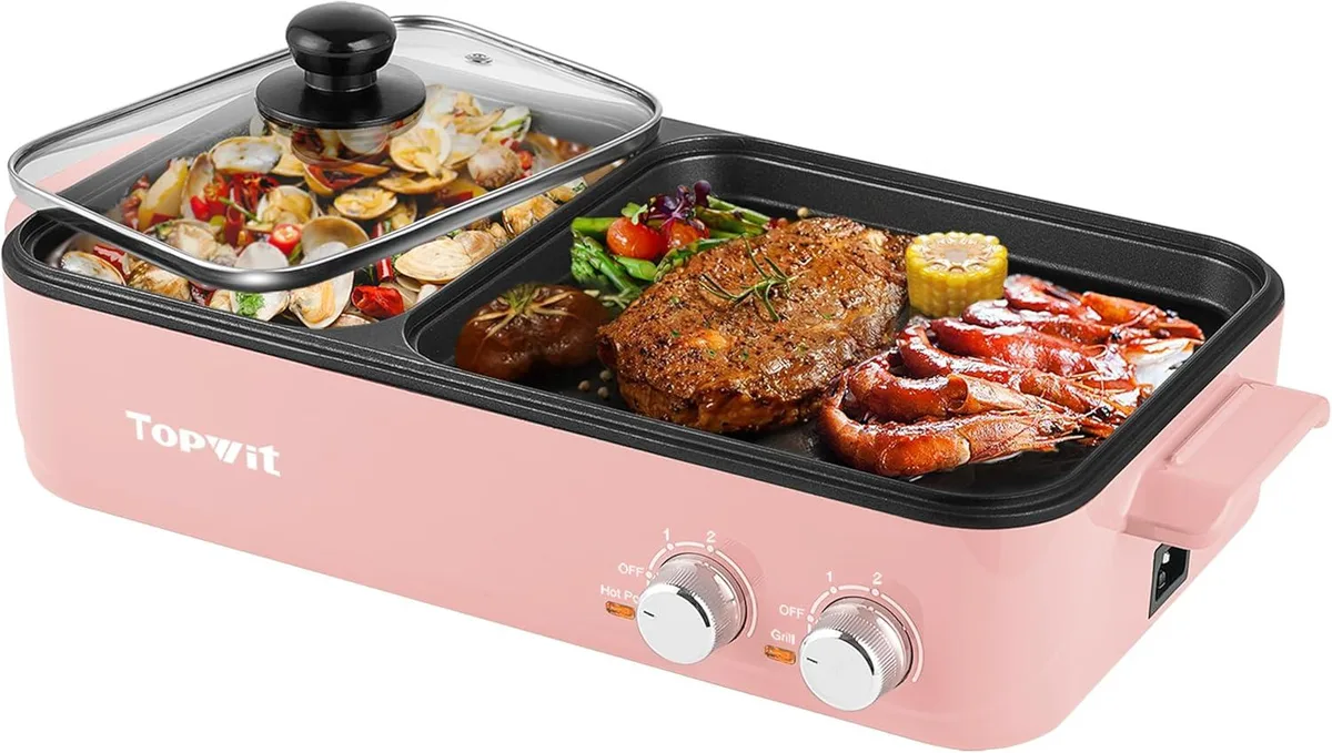 Pink electric hot pot with grill plate, 17.7 by 8.7 by 3.9 inches