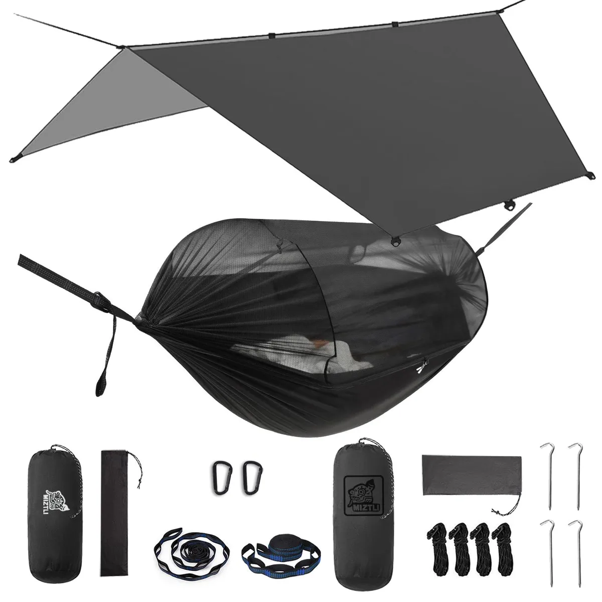 Black double hammock kit with mesh net rain fly and straps