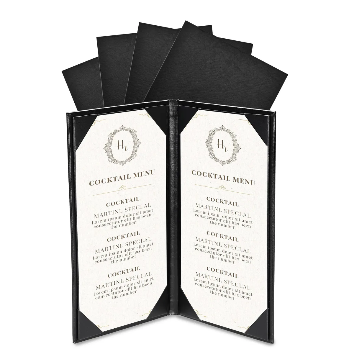 Five PU leather menu covers with angled corner slots