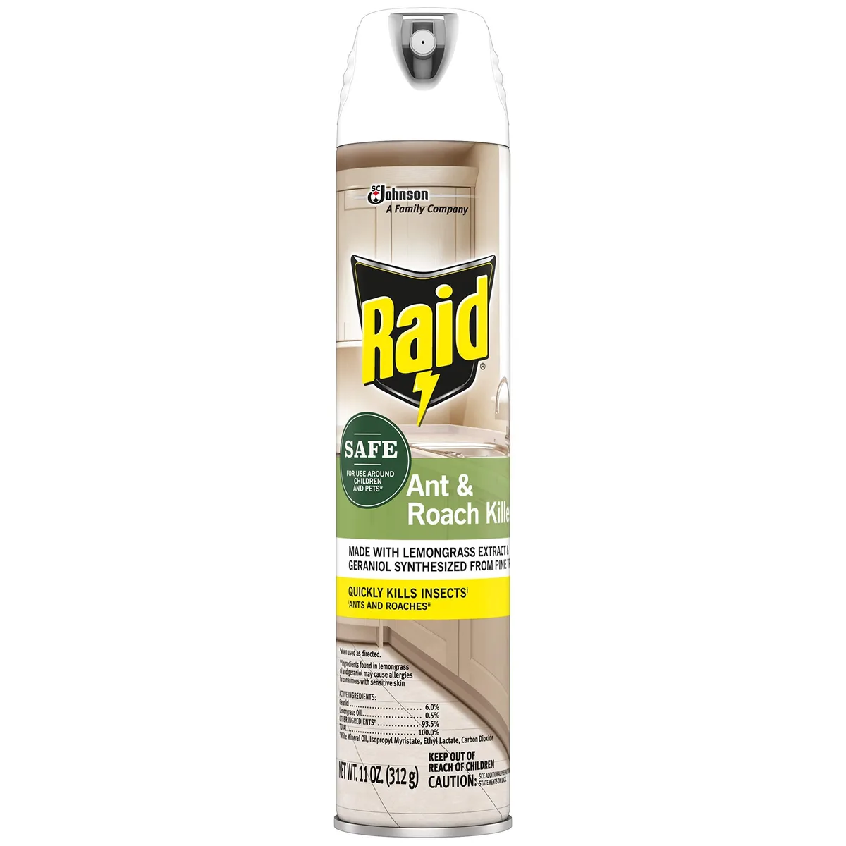 Silver aerosol can with green and white label, 11 ounce size