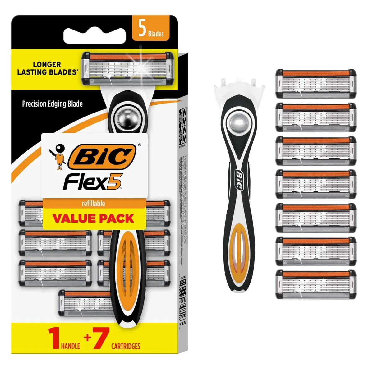 Black plastic cartridge razor handle with five-blade head and blade cover