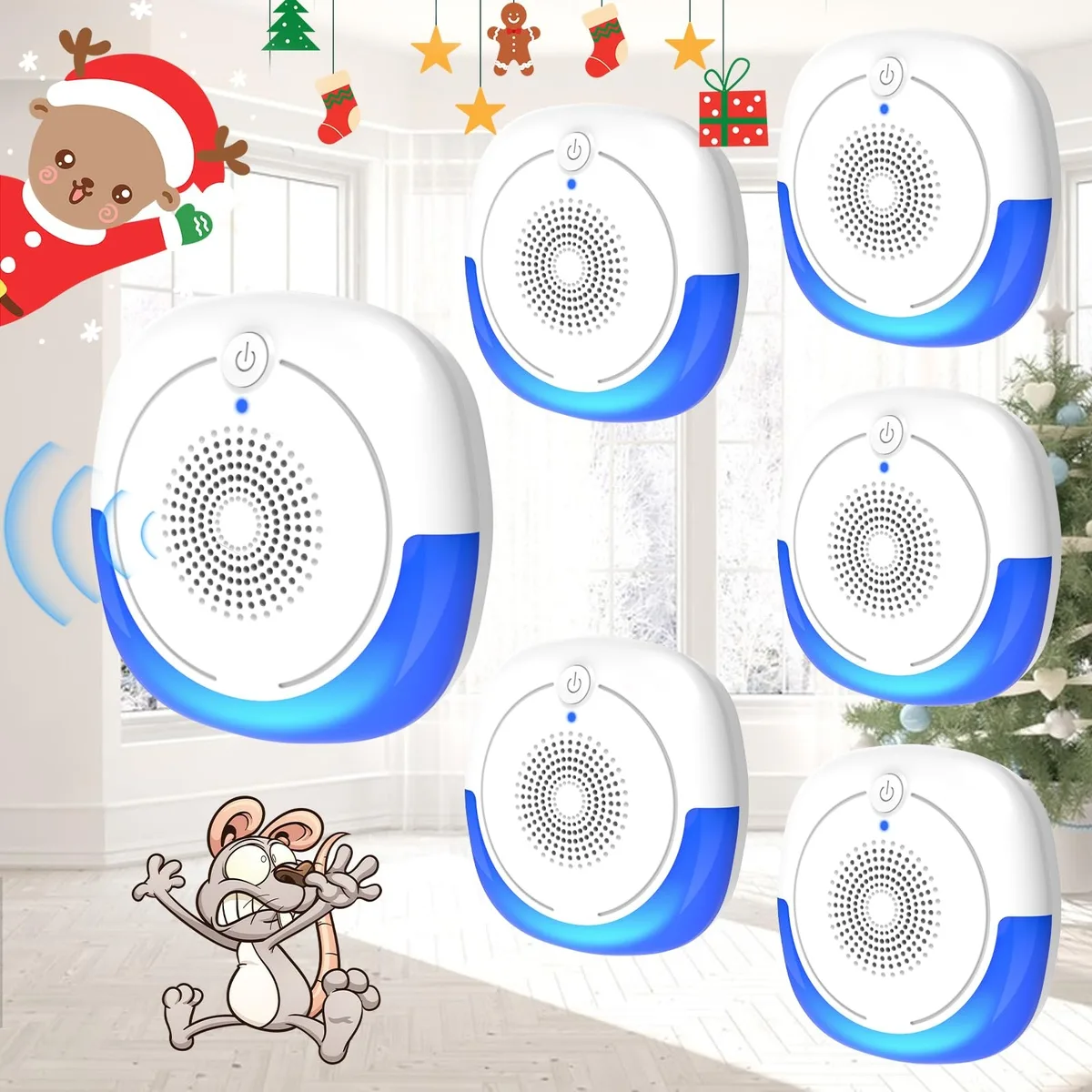 Six white rectangular plug-in pest repellers with front buttons and indicator lights
