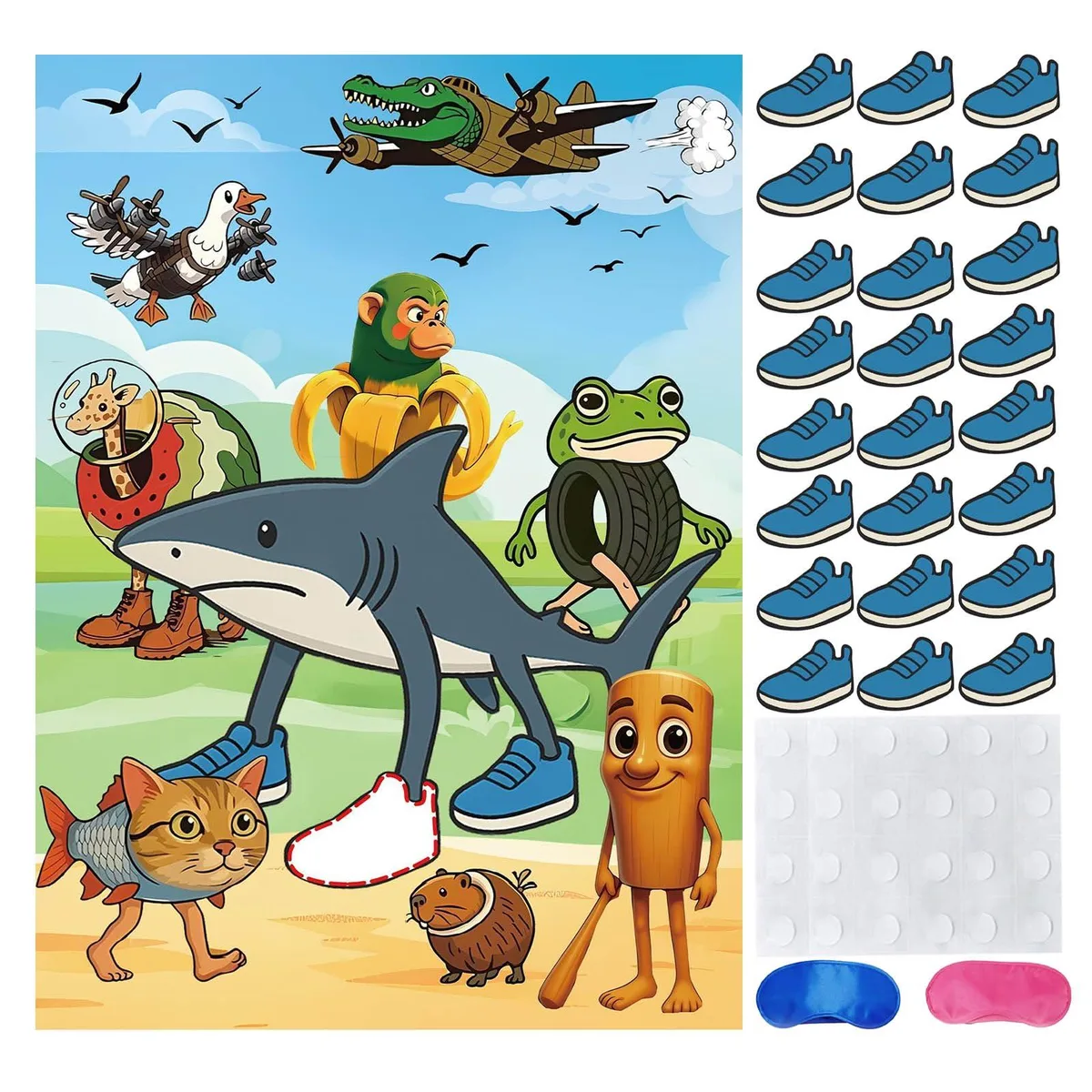  Italian Brainrot Games Pin the Stick Party Game Set 27.75x20.07 Inch Poster 24 Stickers 2 Blindfolds Shark — product photo