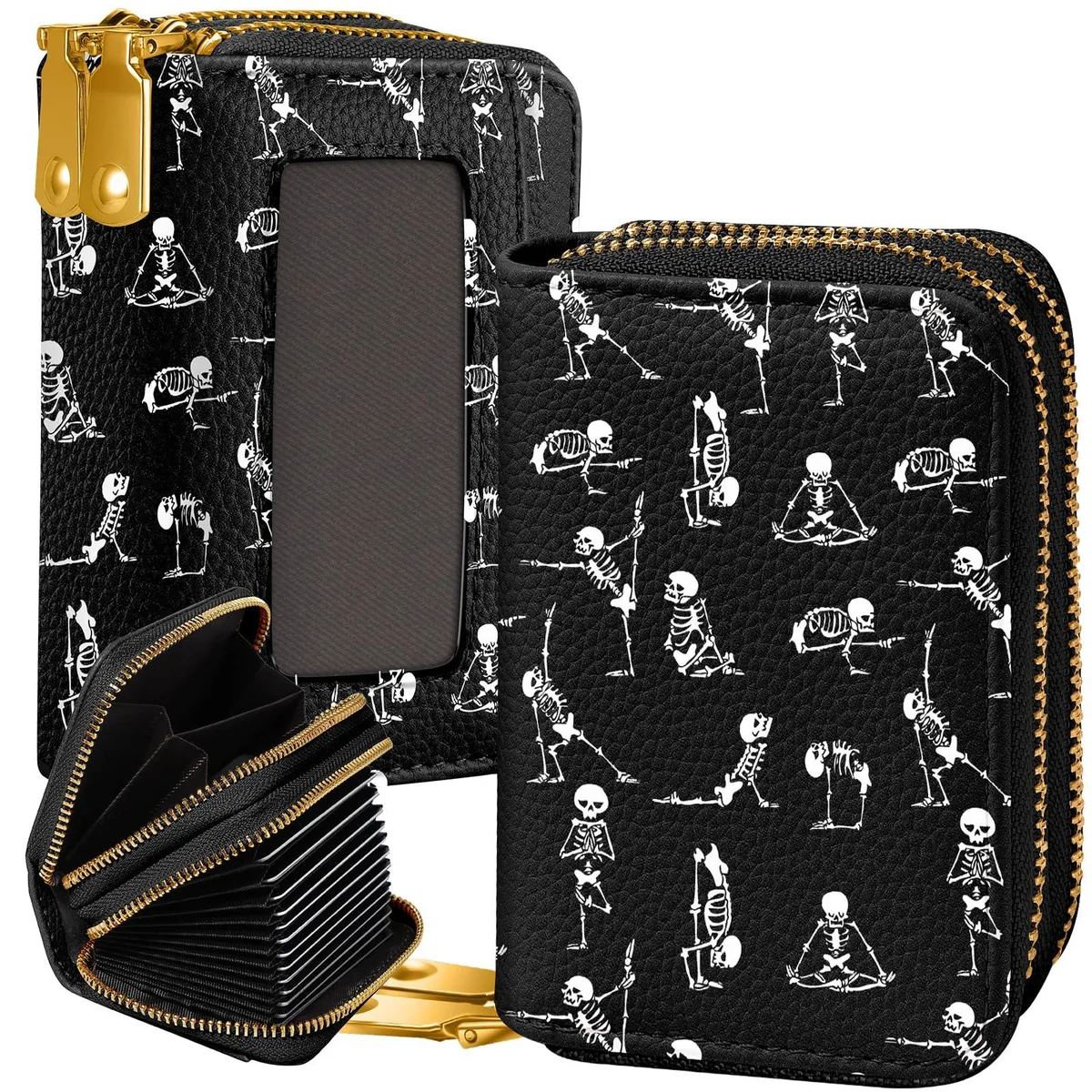 Miss Adola Yoga Skull RFID Leather Wallet 12 Card Slots 1.5 x 4.5 x 2.5 in — product photo