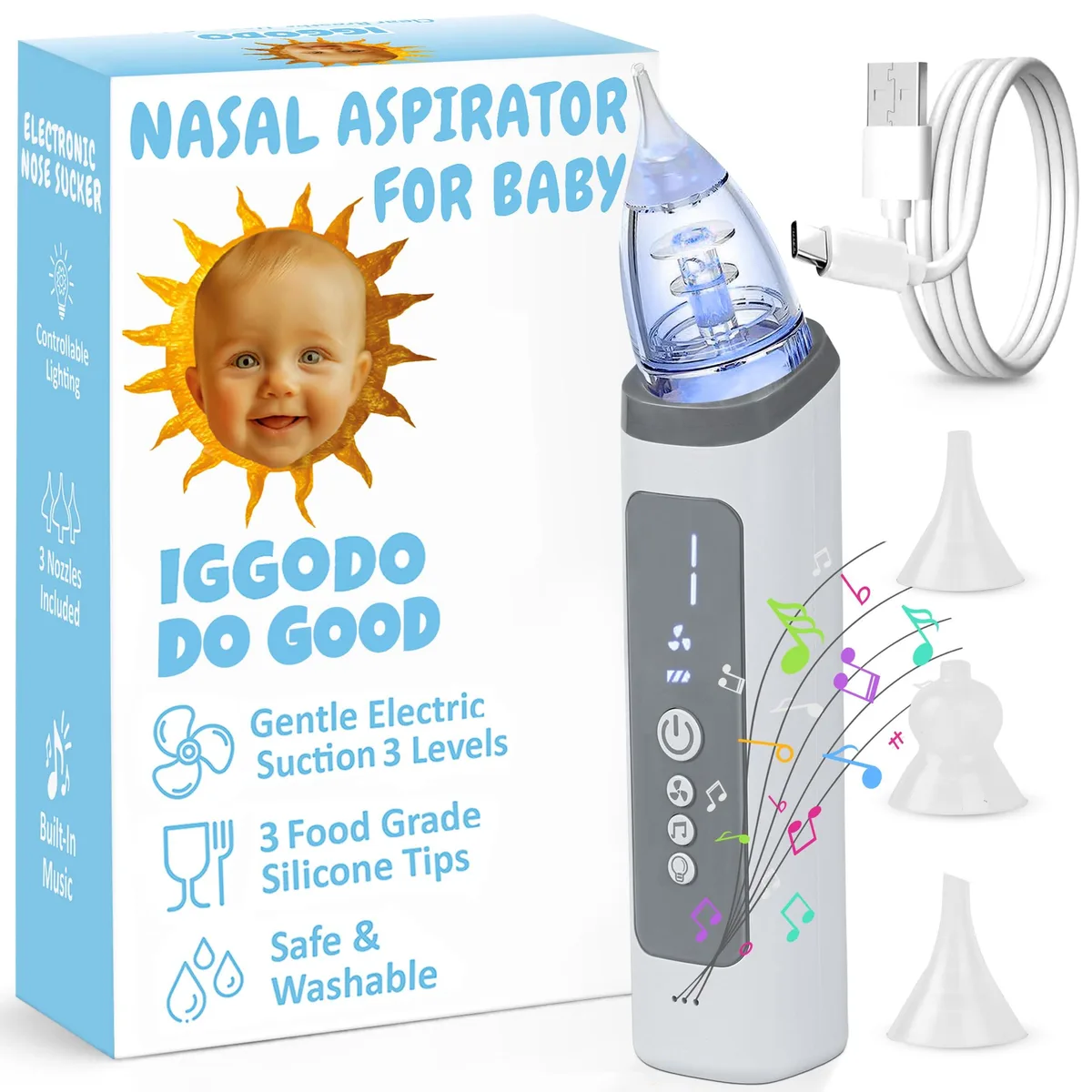 White hand-held nasal aspirator with silicone tips