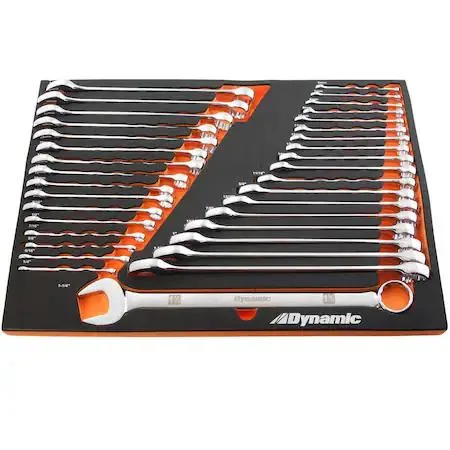36-piece SAE and metric chrome combo wrench set in foam tray organiser