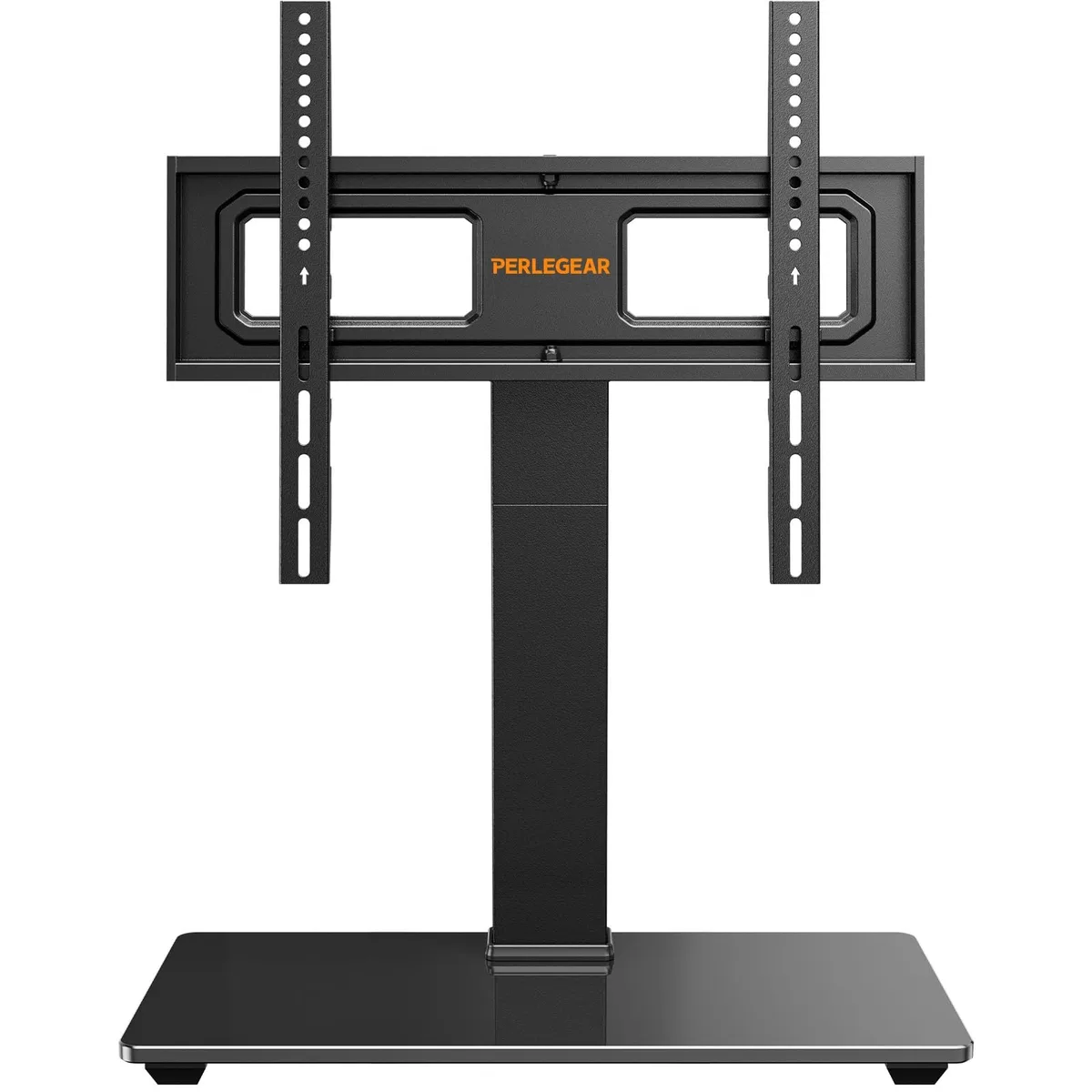 Black tabletop TV mount on rectangular tempered glass base with vertical column and VESA brackets