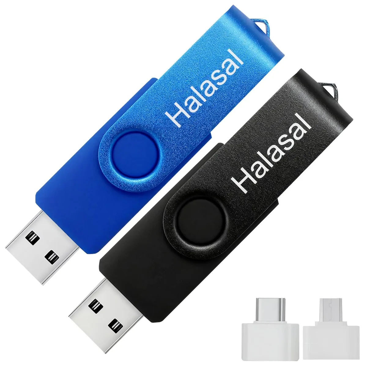 Halasal Halasal 64GB USB 3.0 Flash Drive 2-Pack Black Blue with Type-C Micro USB Adapters — product photo