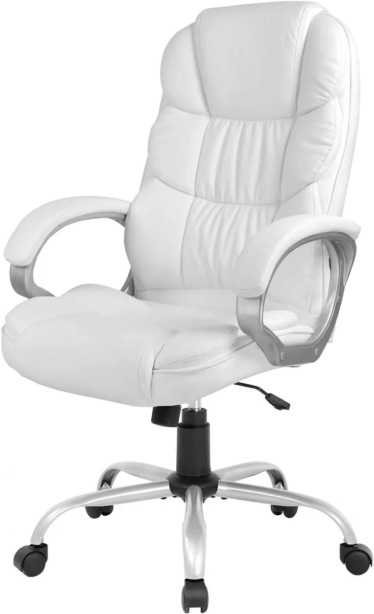 White high-back office chair with PU leather upholstery, adjustable armrests, lumbar support, five-star base