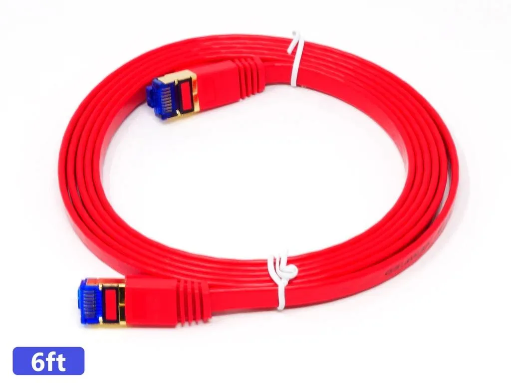 Flat red Cat 7 Ethernet cable, six feet, RJ45 connectors