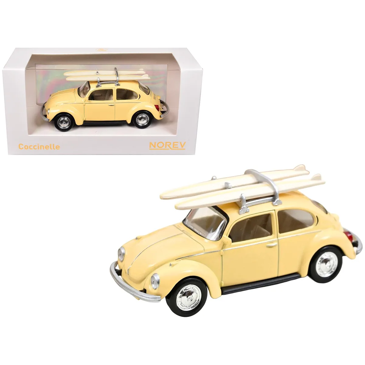 Norev Norev 1973 Volkswagen Beetle 1303 Pastel Yellow with Roof Rack and 2 Surfboards 1/43 hobby collectible — product photo