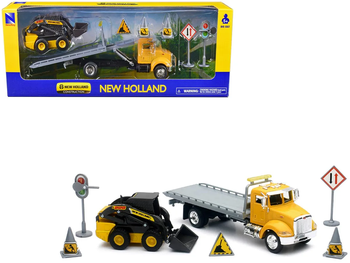New Ray Toys New Ray Toys Peterbilt Roll-Off Flatbed Truck &amp; New Holland L228 Skid Steer 1/43 Diecast hobby collectible — product photo