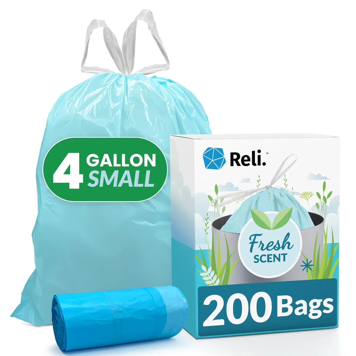 Blue scented drawstring trash bags on four rolls, 200 count