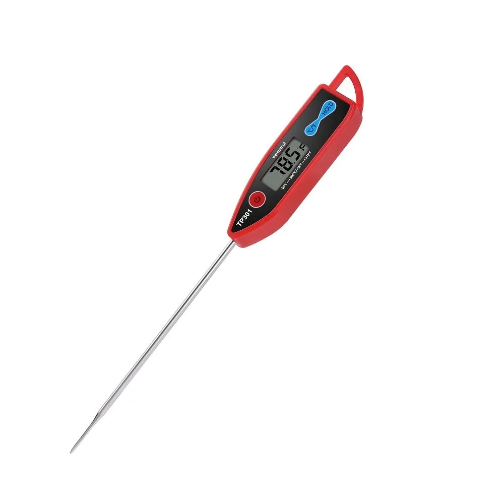 Red digital thermometer with long stainless probe