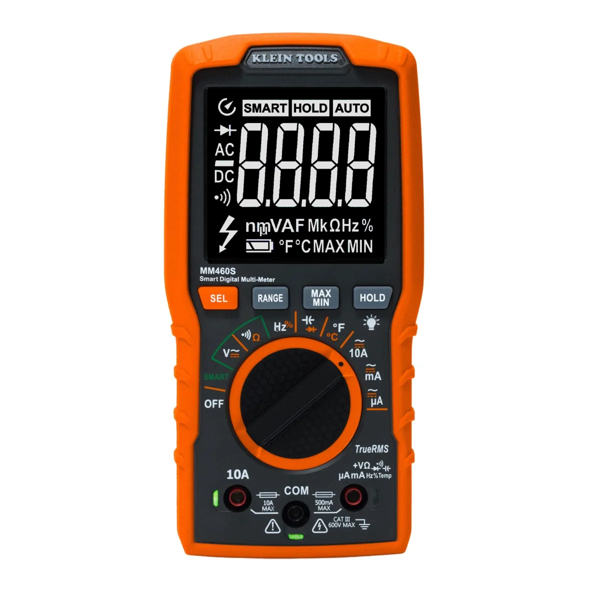 Orange handheld digital multimeter with large backlit display, test leads stored on sides, kickstand extended, rubberised grey casing