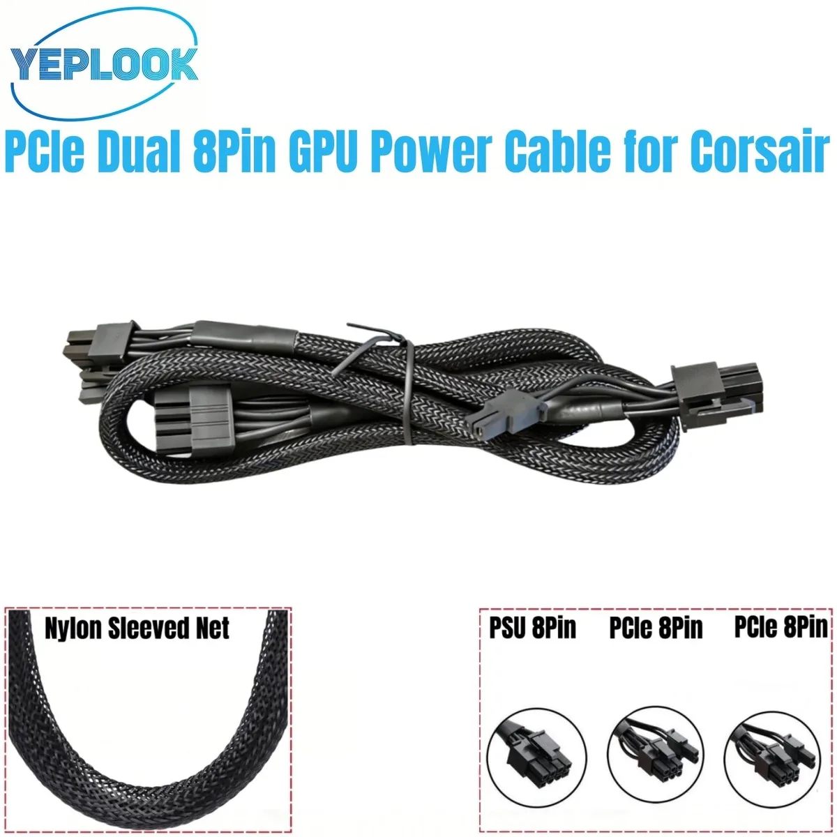YEPLOOK YEPLOOK PCIe Dual 8Pin 6+2Pin Sleeved Cable for Corsair CX-M Modular PSU — product photo
