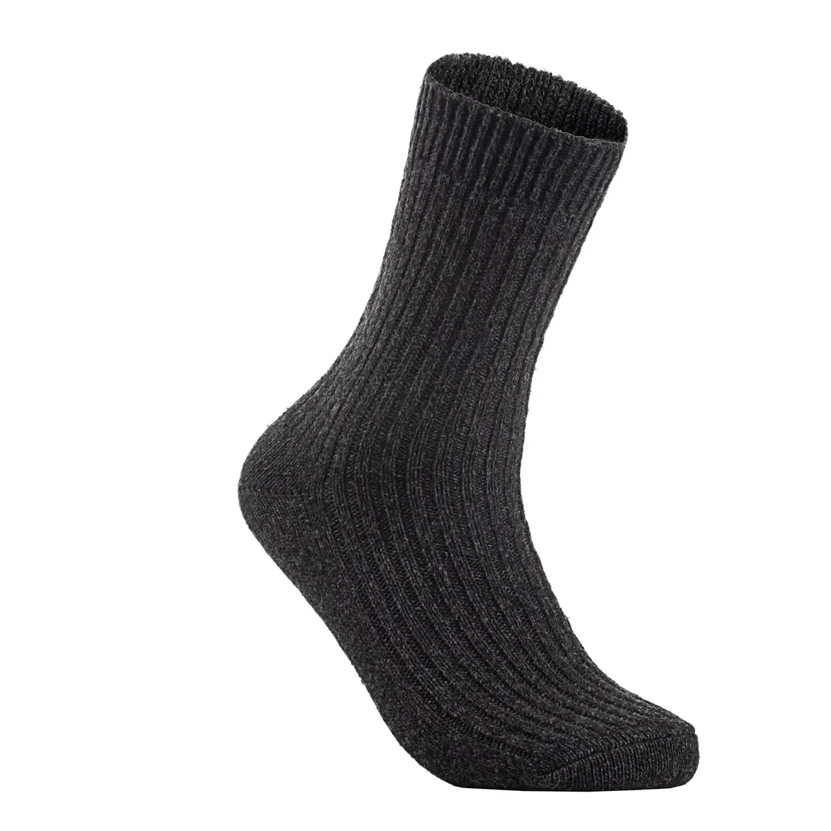 Six pairs of dark grey wool crew socks folded together
