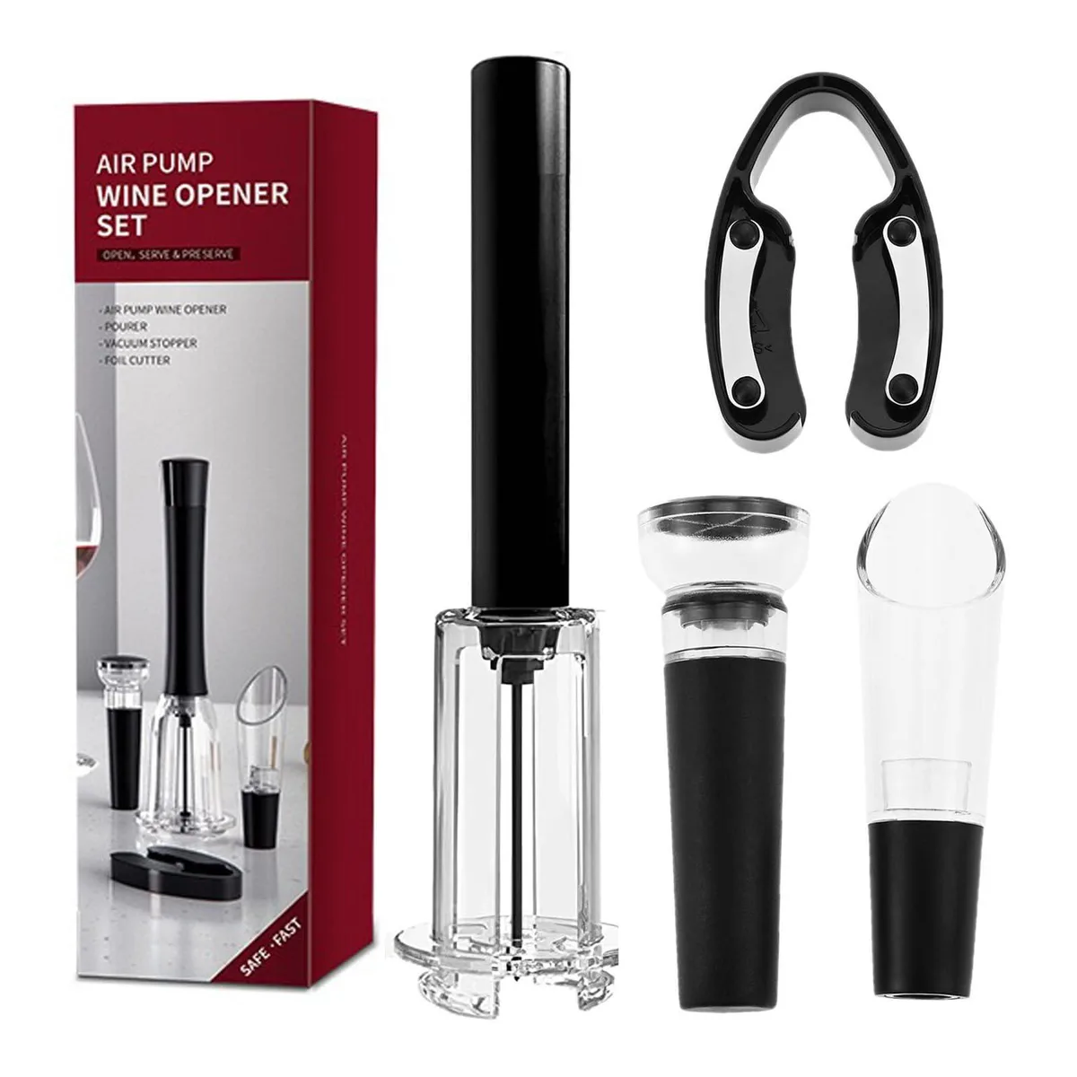 Silver air-pressure wine opener with foil cutter, stopper and pourer in a compact set