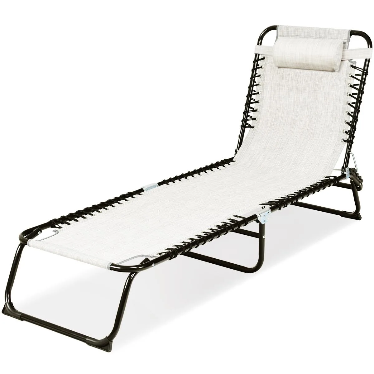 Gray folding chaise lounge with adjustable backrest and pillow