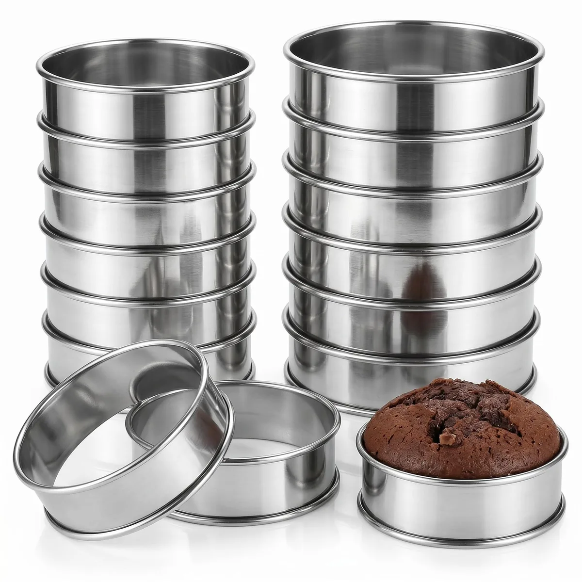Sixteen stainless steel rings in two diameters, brushed finish, rolled edges