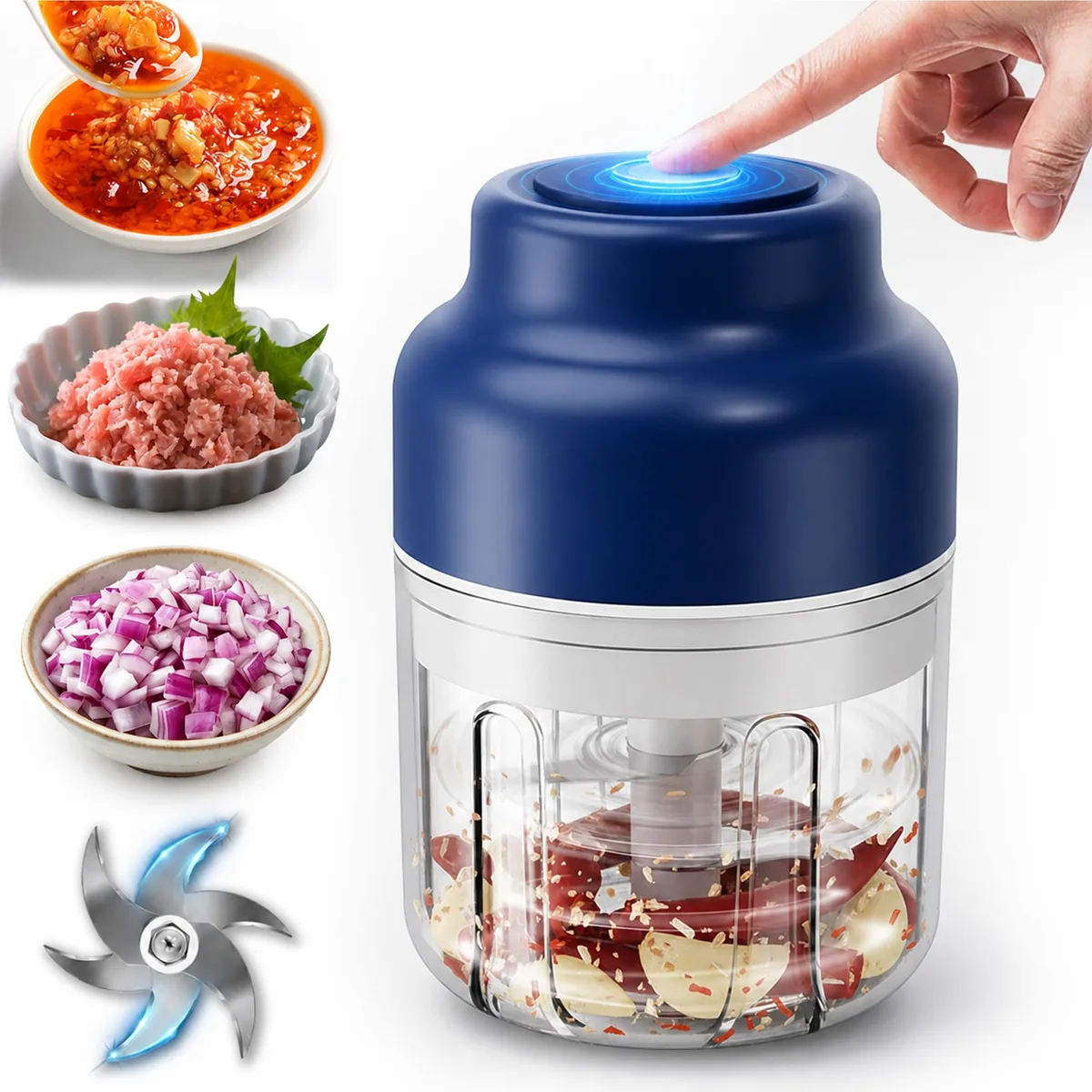 Small blue electric food chopper with transparent bowl and stainless steel blades