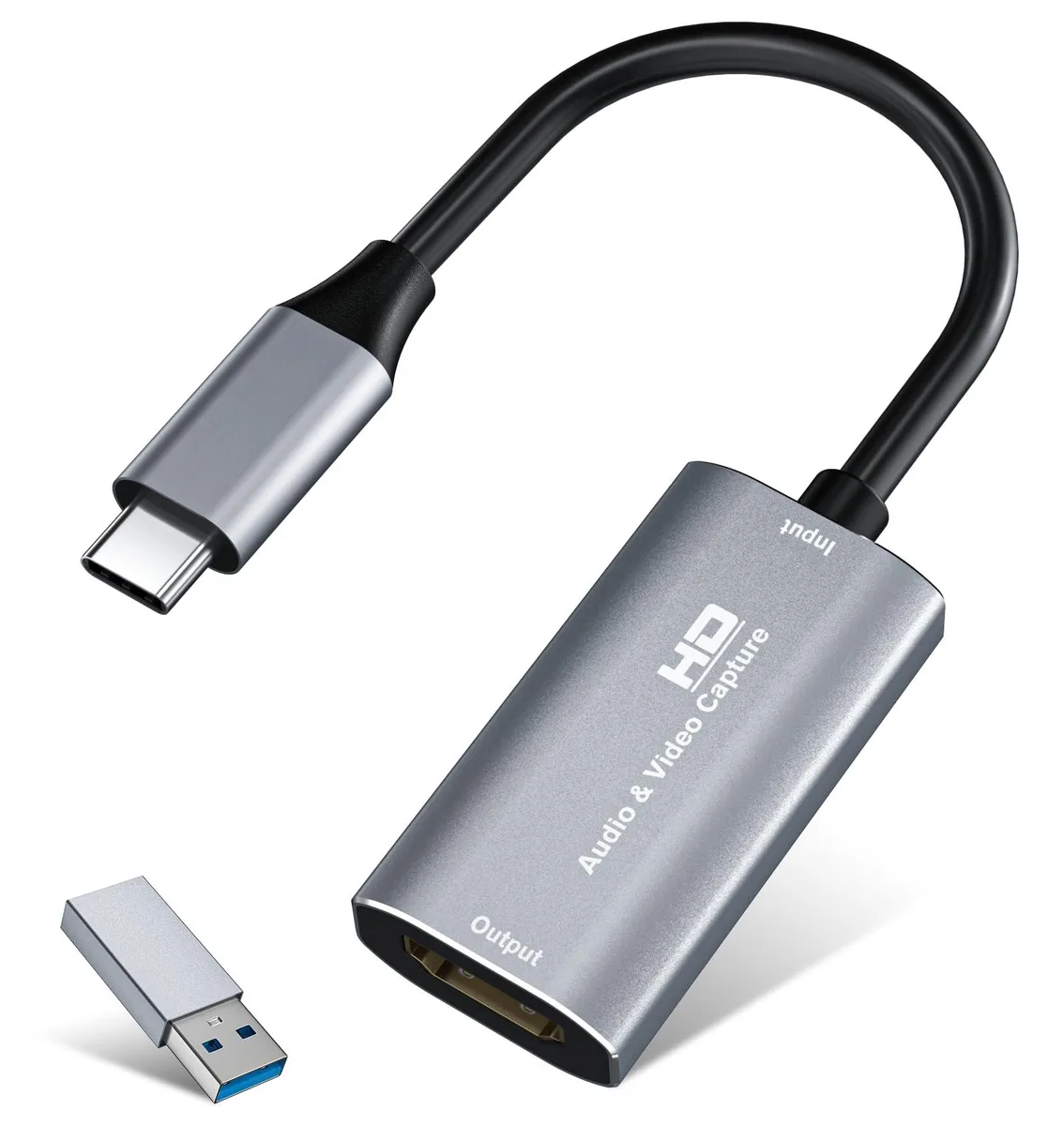 Silver compact HDMI capture card with USB 3.0 and USB-C connections