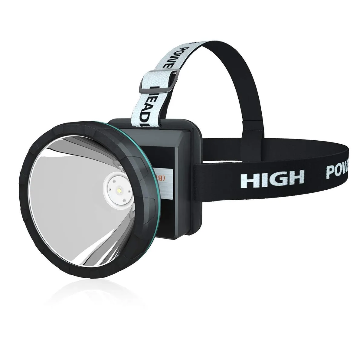 Compact rectangular headlamp in black plastic with adjustable elastic headband and USB charging port