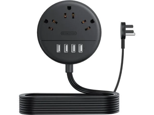 Black power strip with flat plug, 10 ft cord, three outlets and four USB ports