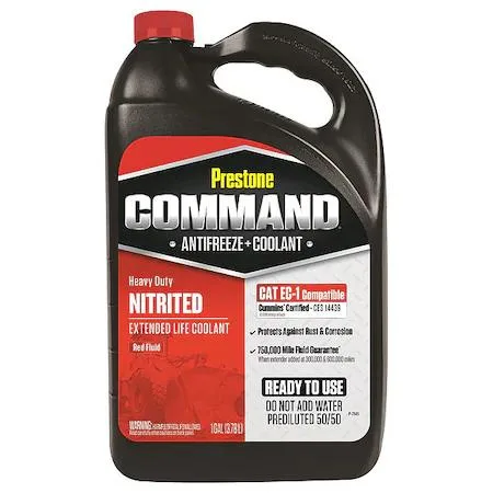 One-gallon plastic bottle of clear red pre-diluted 50/50 antifreeze coolant