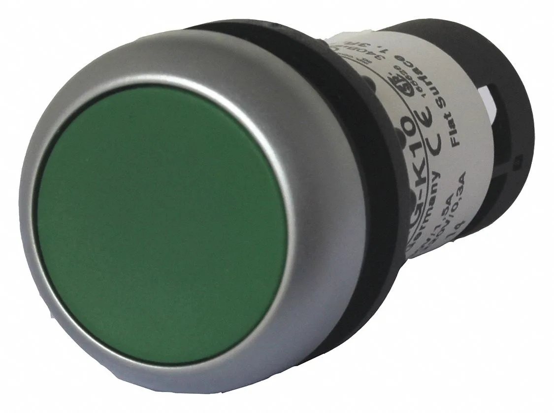 Green flush push button operator with silver nylon bezel, 22 mm