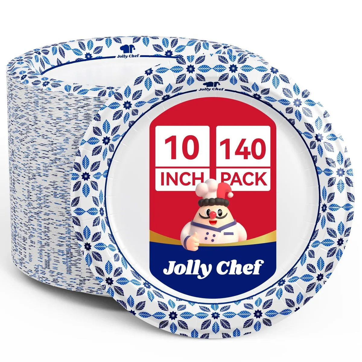Stack of 140 white 10 inch round paper plates with floral print