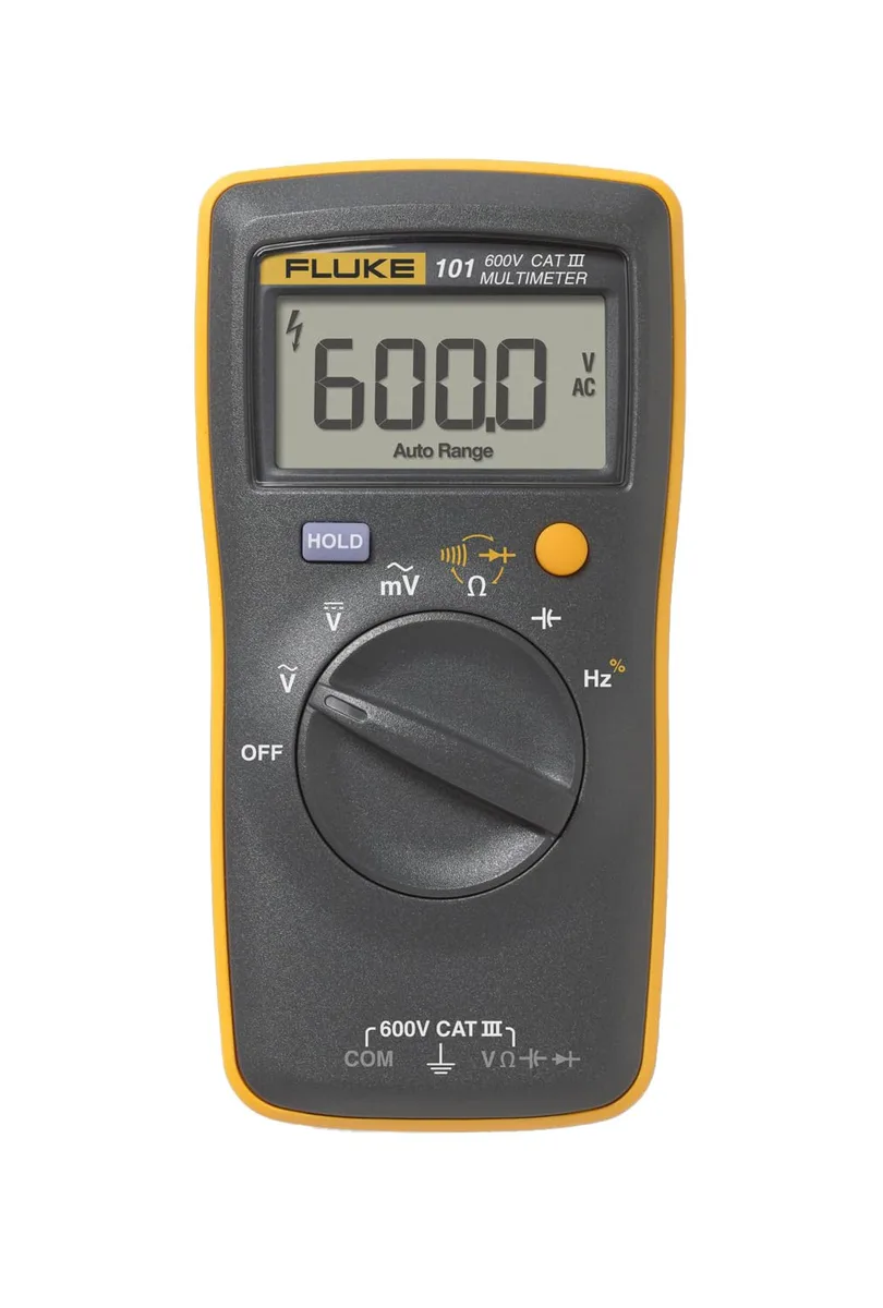 Yellow Fluke 101 digital multimeter with LCD display and test leads
