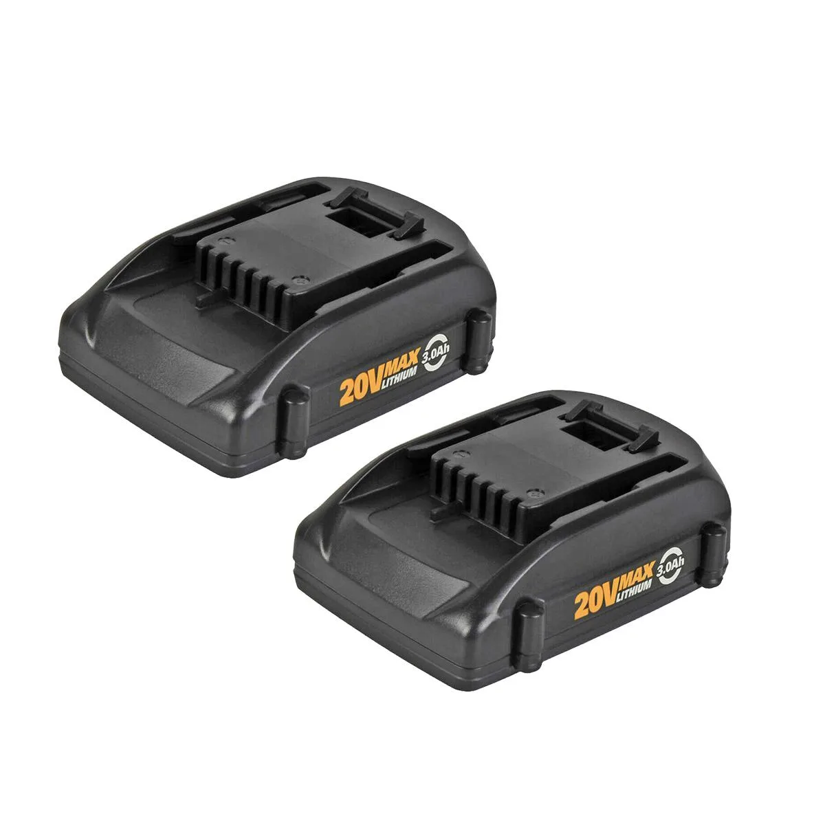 Two black rectangular lithium-ion batteries with orange brand labels side by side