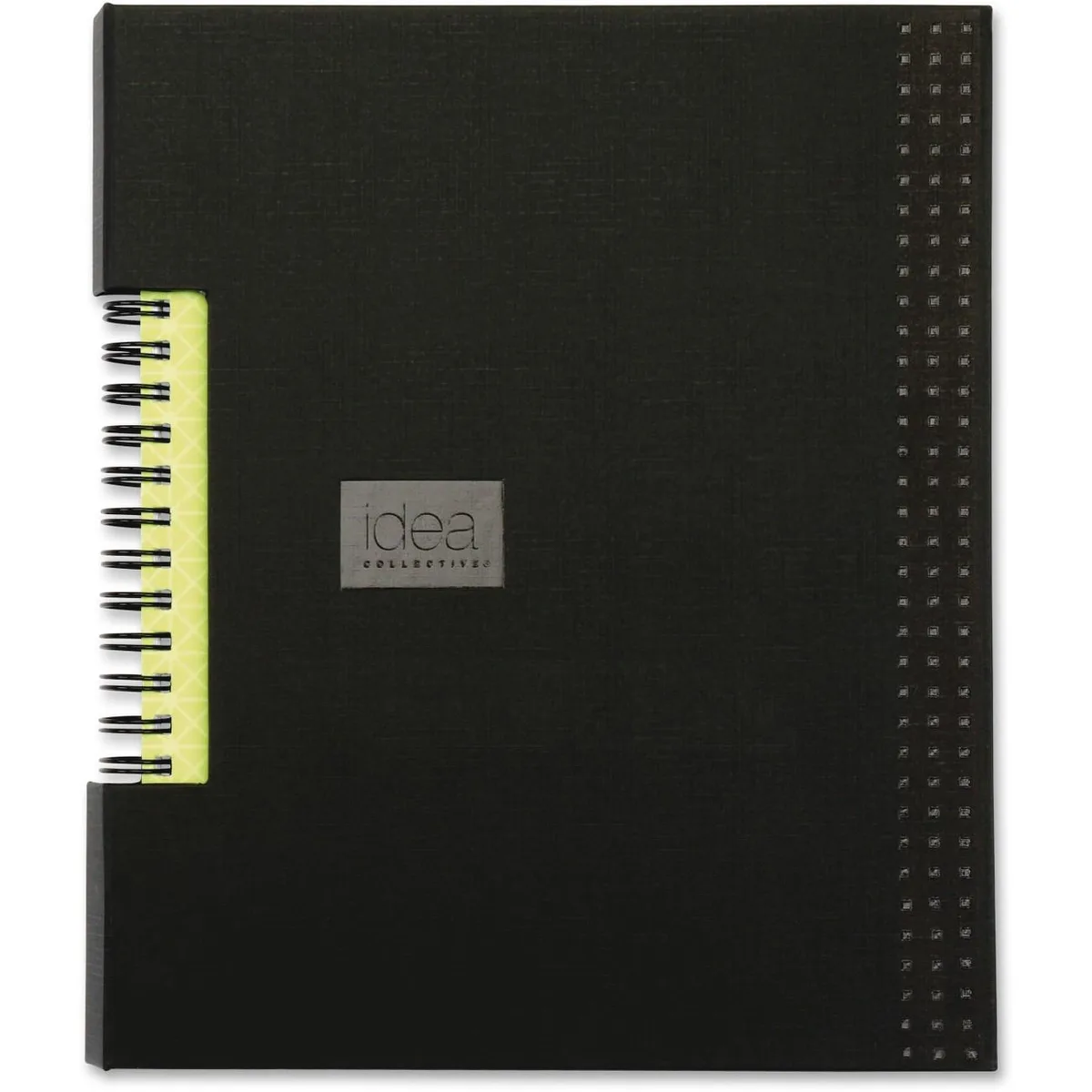 Black hardcover wirebound notebook with ruled pages and expandable pocket
