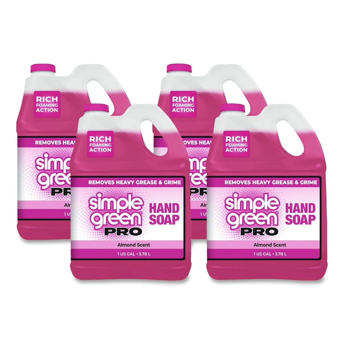 Four pink one-gallon bottles of almond-scented liquid hand soap