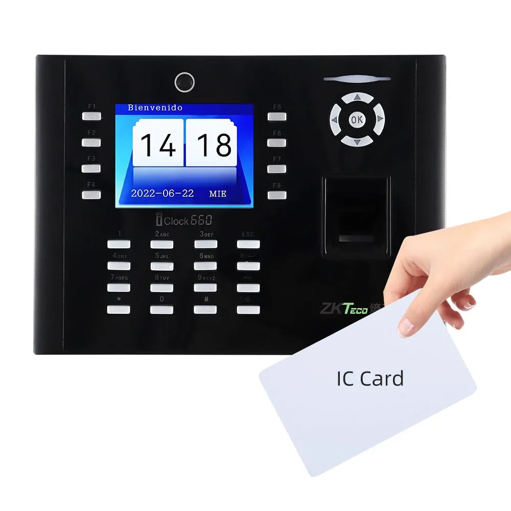 White rectangular biometric terminal with 3.5-inch colour screen, fingerprint sensor and camera