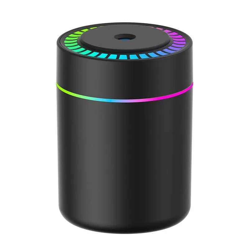 Small white cylindrical humidifier with colour-changing LED light, USB cable attached