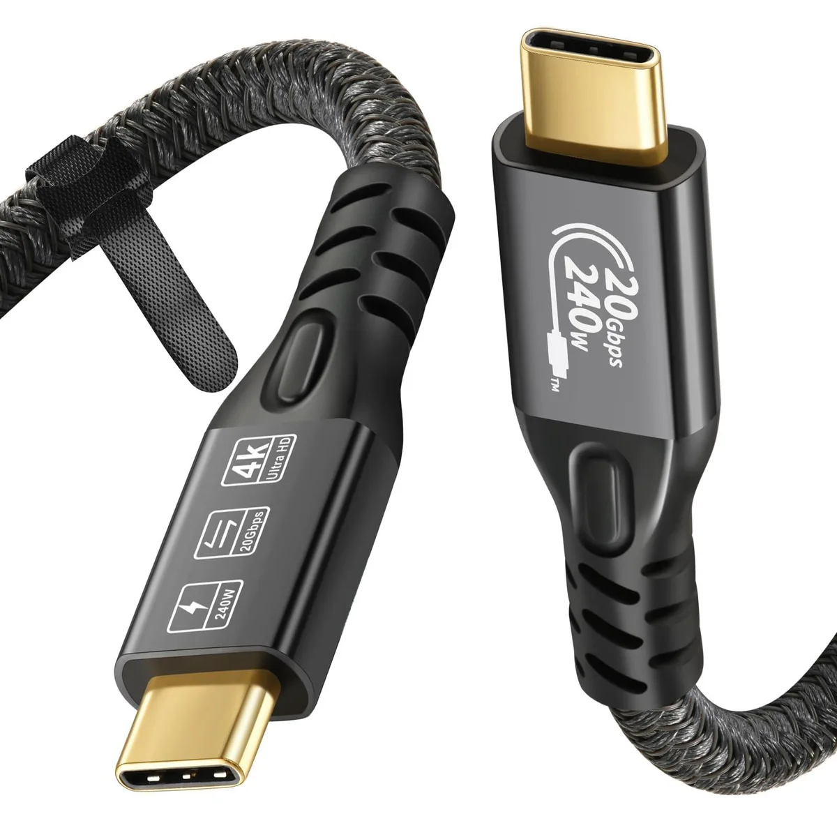 Black braided USB-C to USB-C cable with gold-plated connectors, 1 metre long