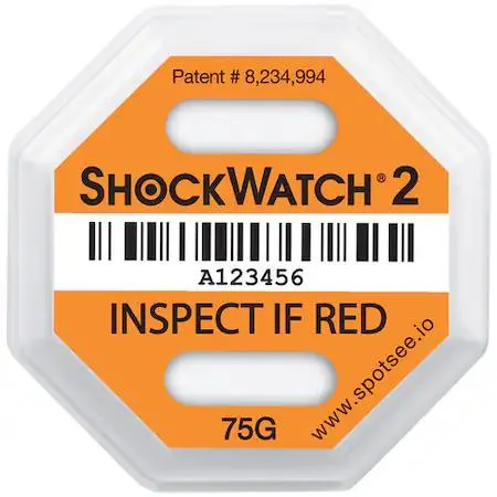 Pack of fifty orange Shockwatch 75G impact indicators, each a small square device with adhesive backing