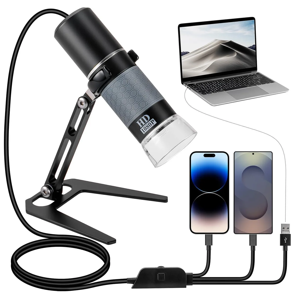Black USB digital microscope with metal stand, 12 pack
