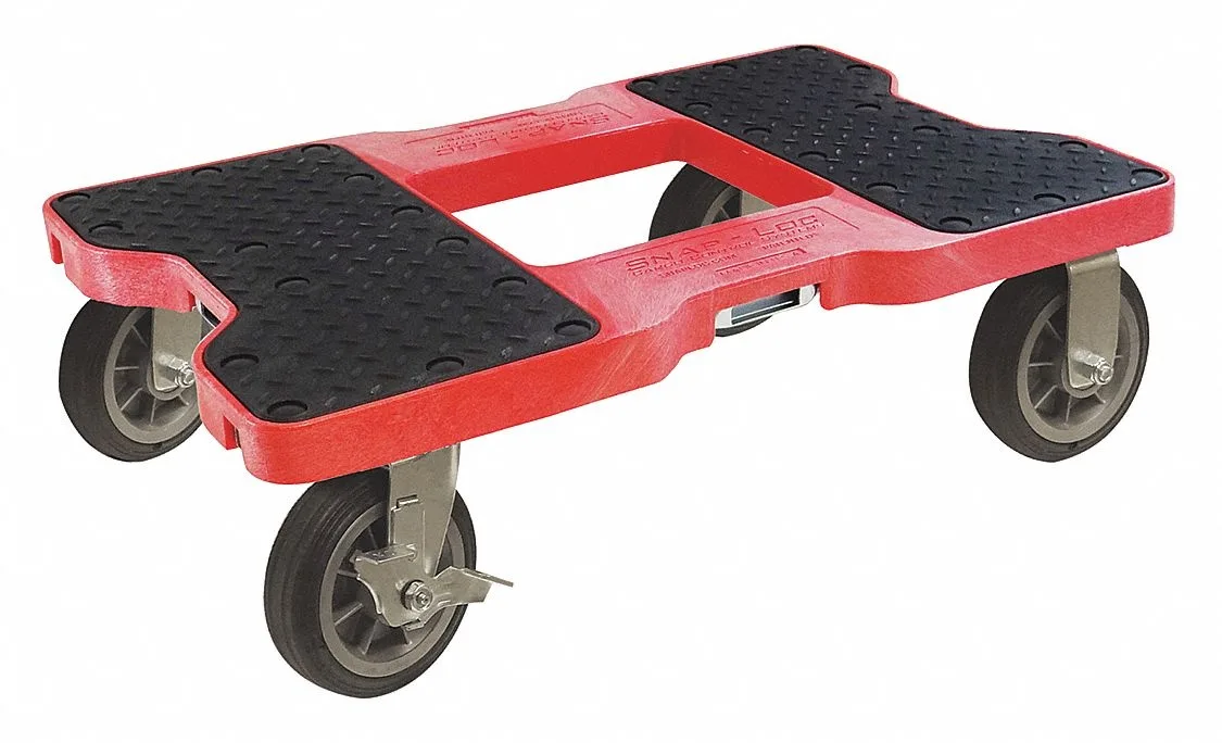 Red rectangular platform dolly with four rubber casters and cargo grip pads