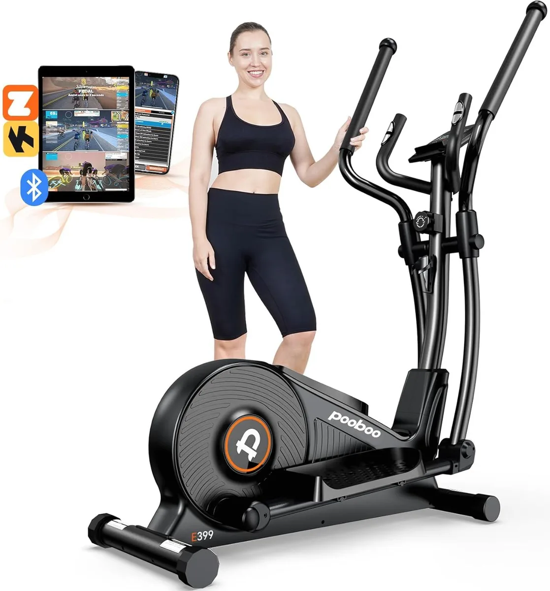Grey folding elliptical trainer with wide non-slip pedals and LCD console