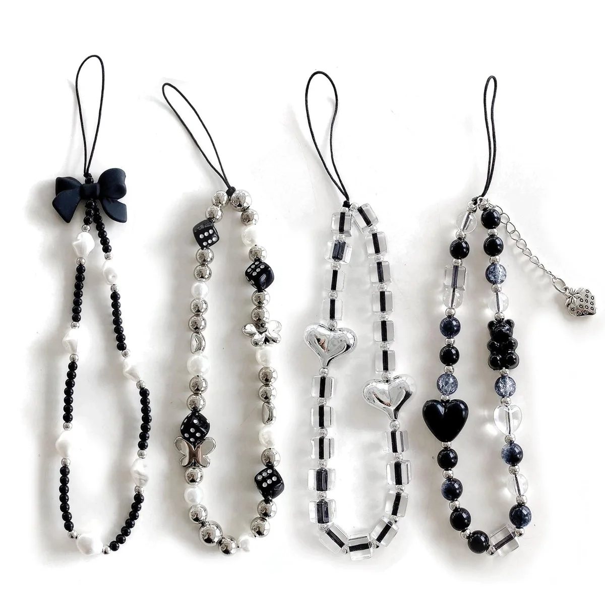  Evening Crystals 4PCS Black Beaded Charms Goth Wrist Strap Pink 10 in 25.4 cm — product photo
