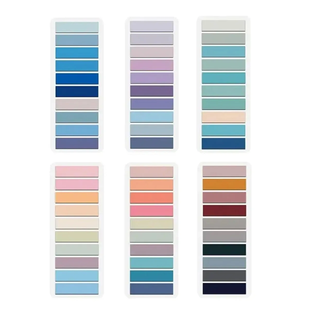 Six sets of translucent square sticky tabs in muted Morandi colours, 1200 pieces total
