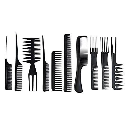 Ten black plastic combs in assorted shapes laid flat