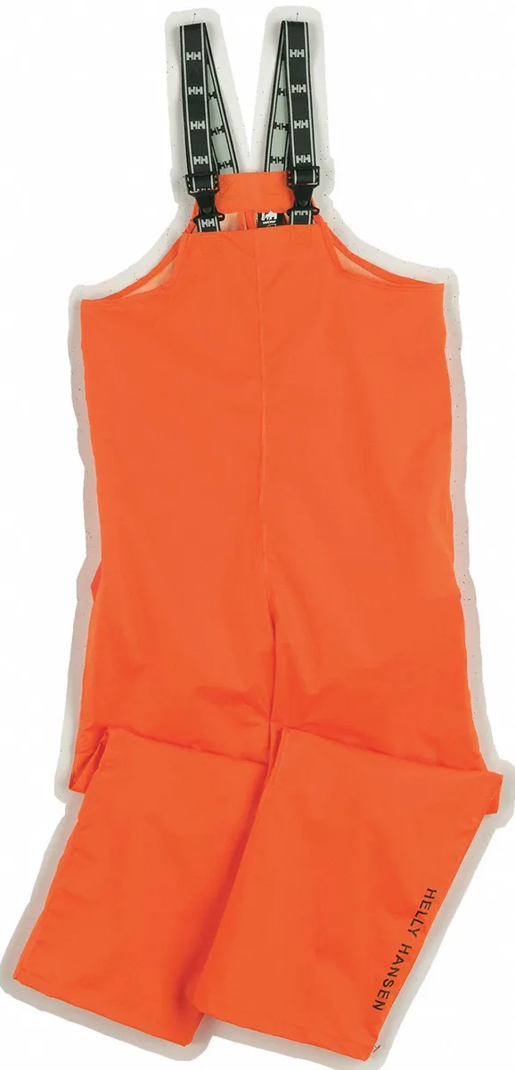 Orange polyester rain bib overall with adjustable straps and straight cuffs, 34 inch inseam