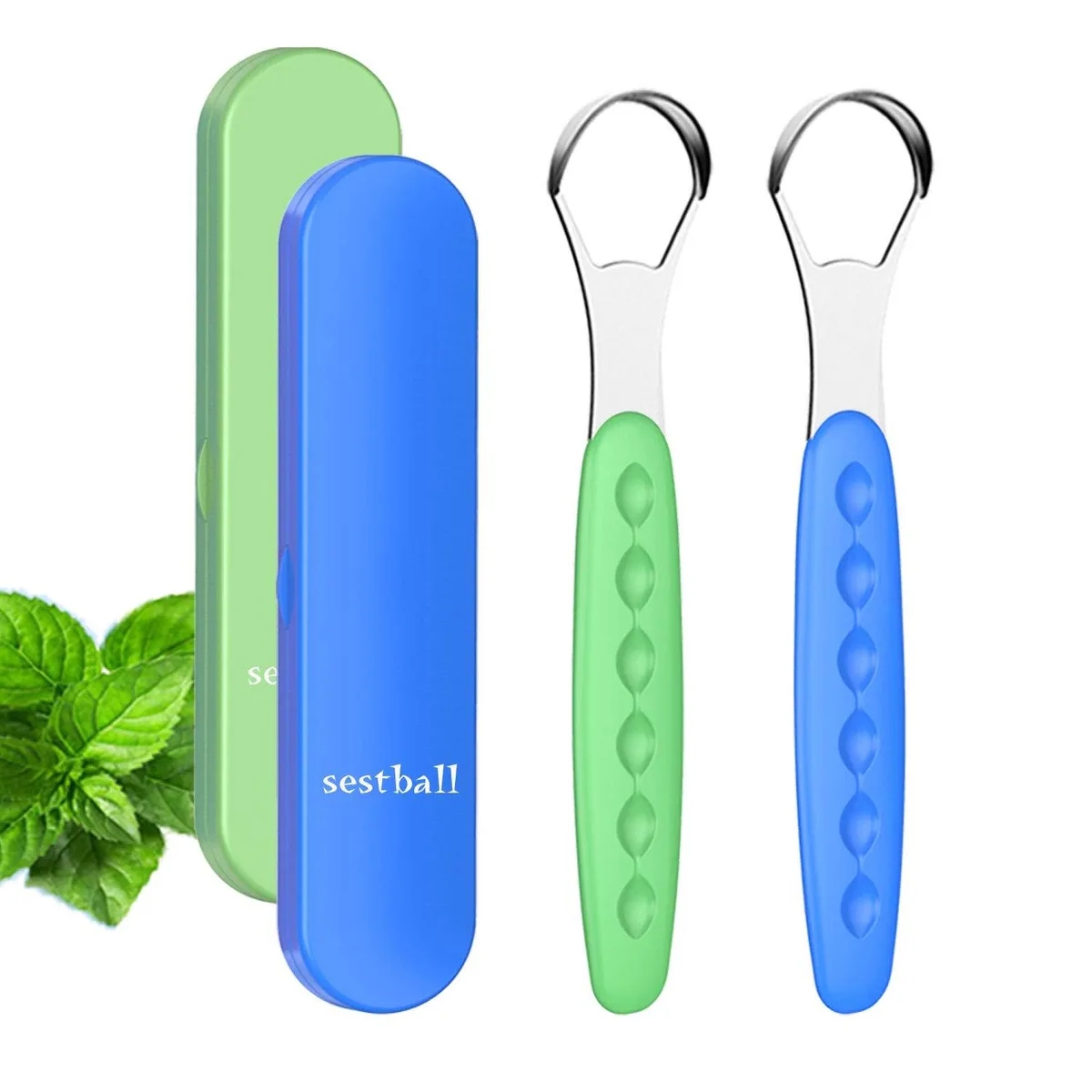 Two stainless steel tongue scrapers with coloured handles and travel cases
