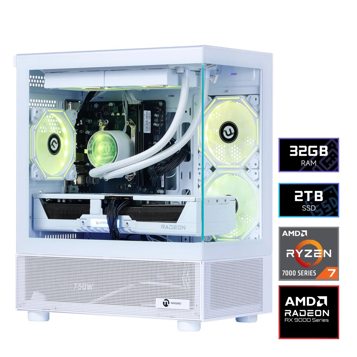 NINGMEI NINGMEI Gaming PC Ryzen 7 7800X3D RX 9070 XT 16GB 2TB 32GB DDR5 White — product photo